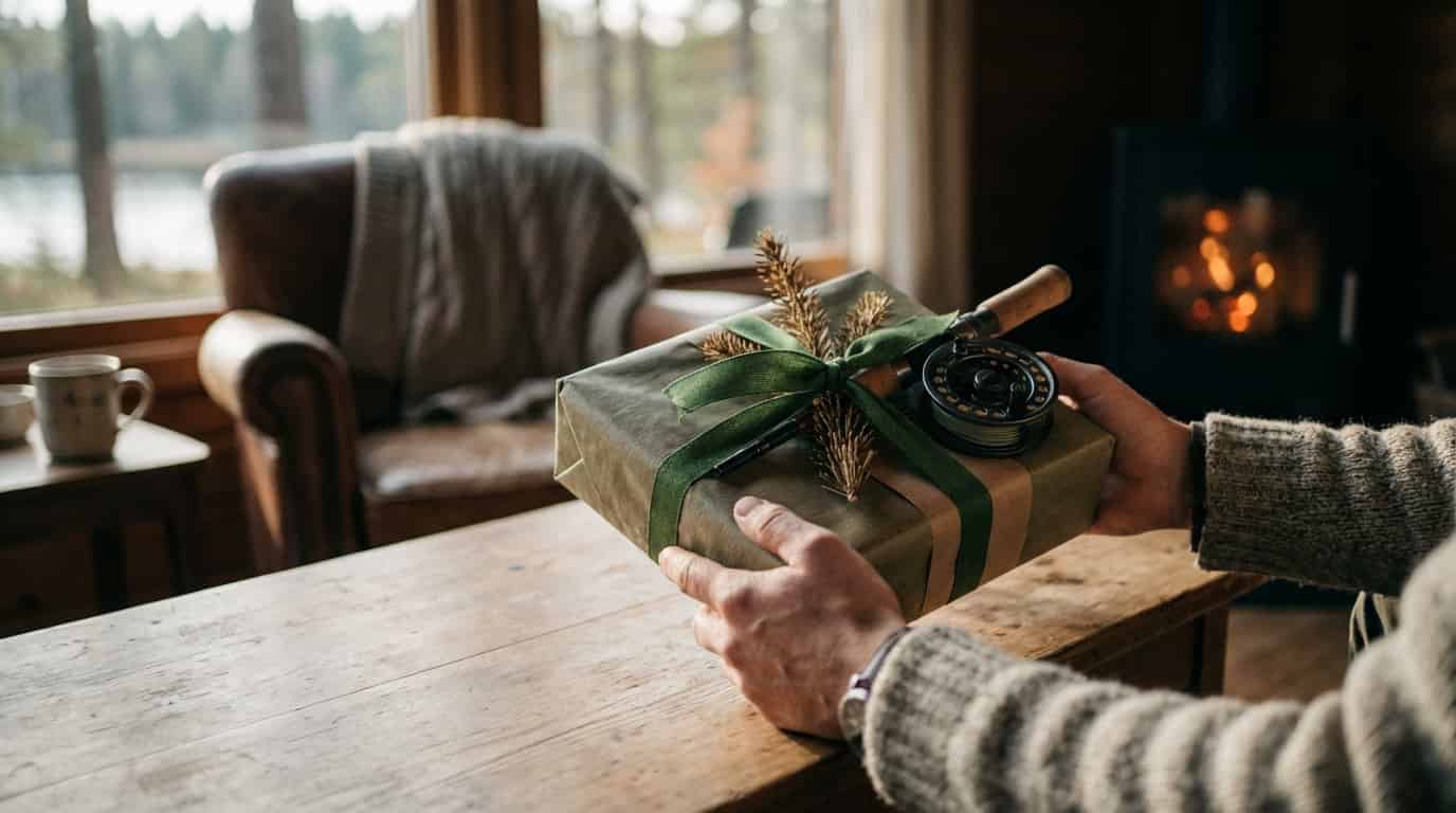 Eingepacktes Geschenk mit Angelfliege wird vor einem Kamin überreicht