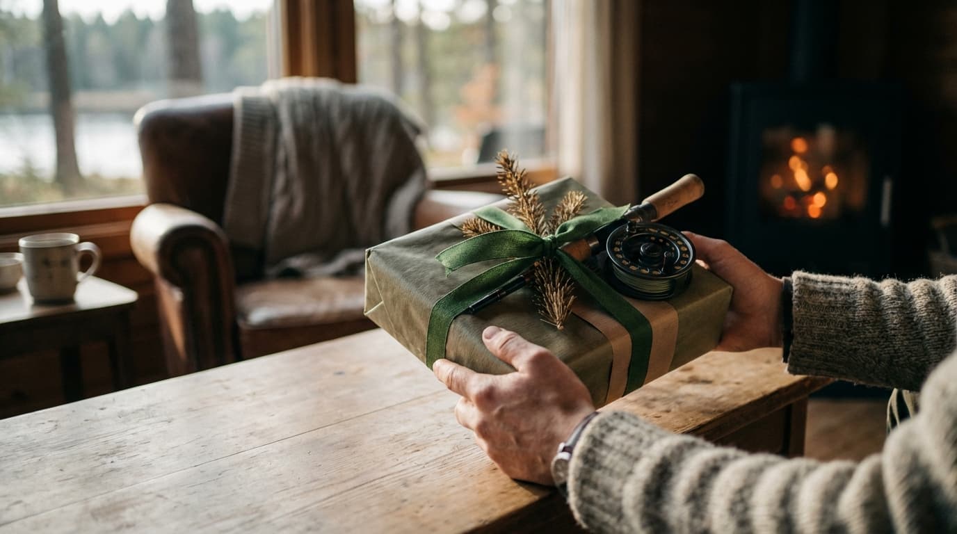 Eingepacktes Geschenk mit Angelfliege wird vor einem Kamin überreicht