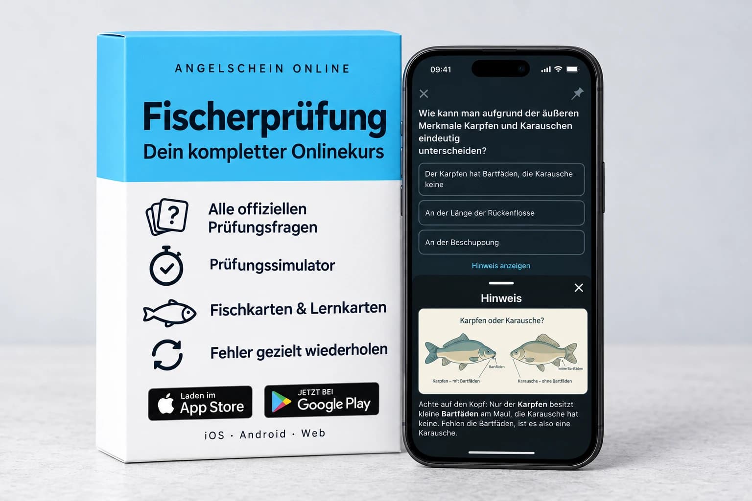 Angelschein-Onlinekurs mit Prüfungsfragen, Fischkarten und App
