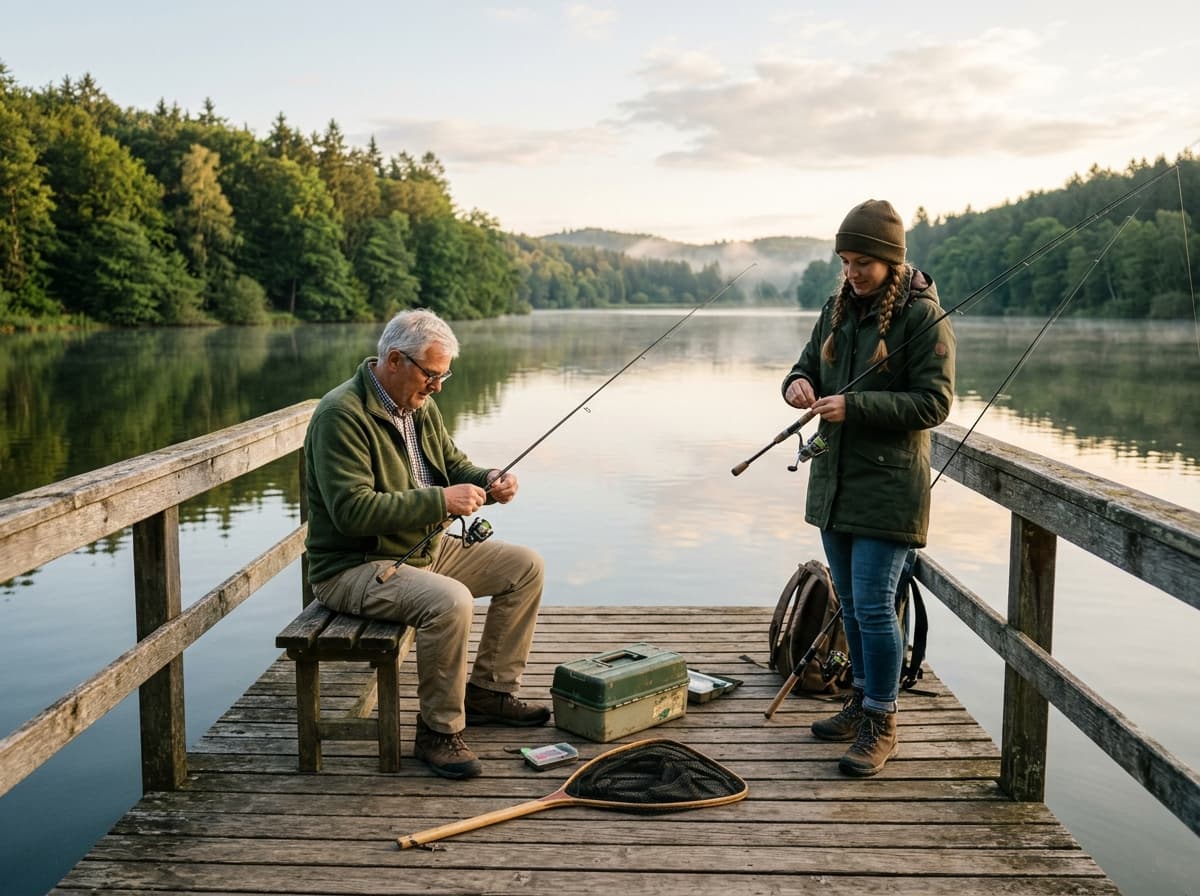 Zwei Angler auf einem Holzsteg an einem ruhigen See