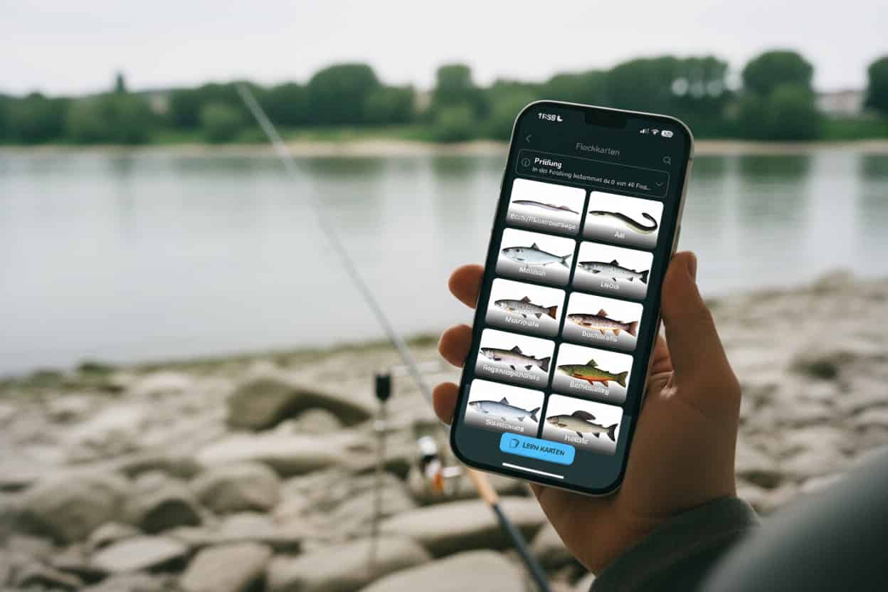 Hand hält ein Smartphone mit der Fischbestimmung am Rheinufer