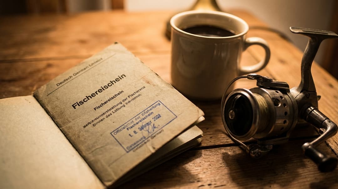 Fischereischein-Dokument mit amtlichem Stempel neben einer Angelrolle