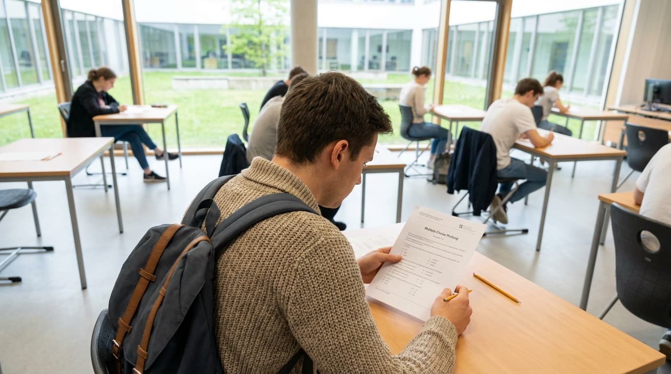 Teilnehmer bei der Fischerprüfung – Multiple-Choice-Test im modernen Prüfungsraum
