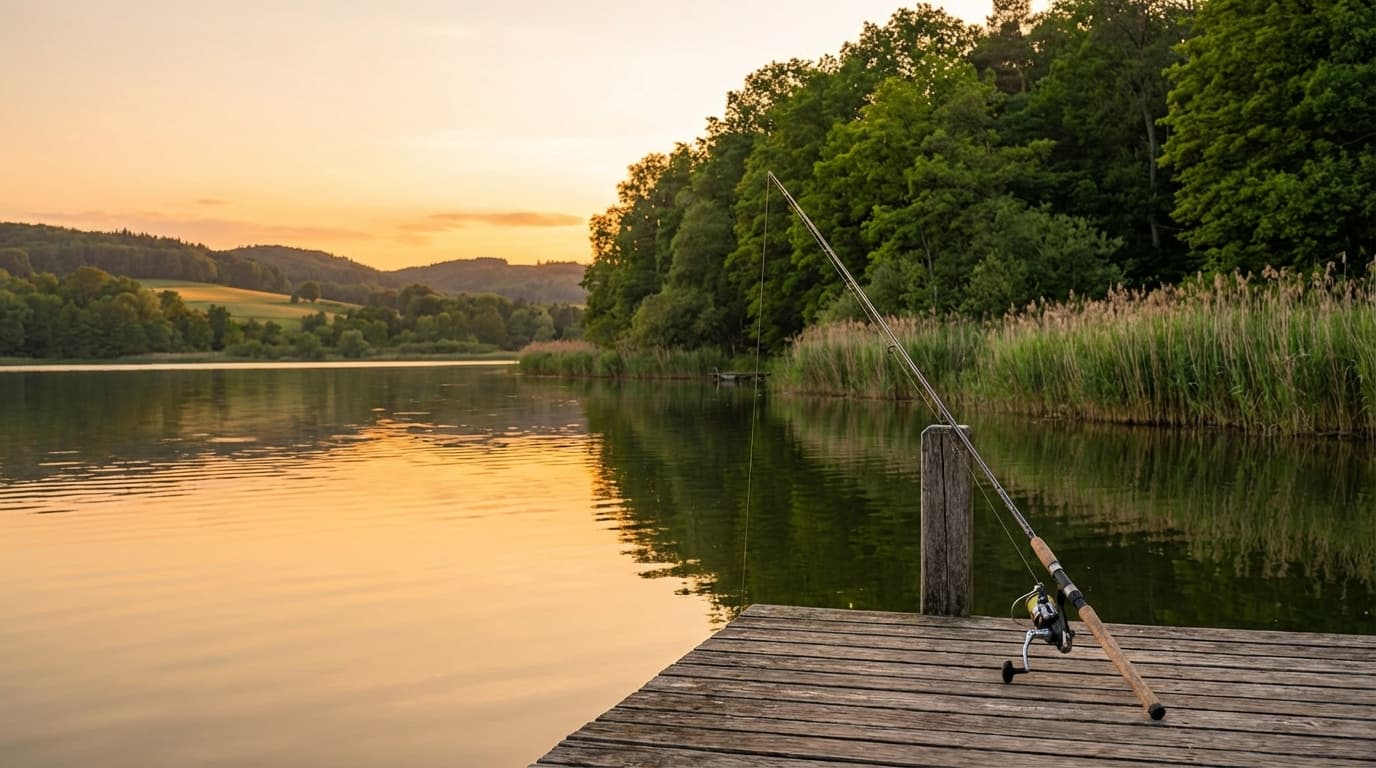 Angelrute an einem ruhigen See bei Sonnenuntergang – perfekte Atmosphäre zum Angeln