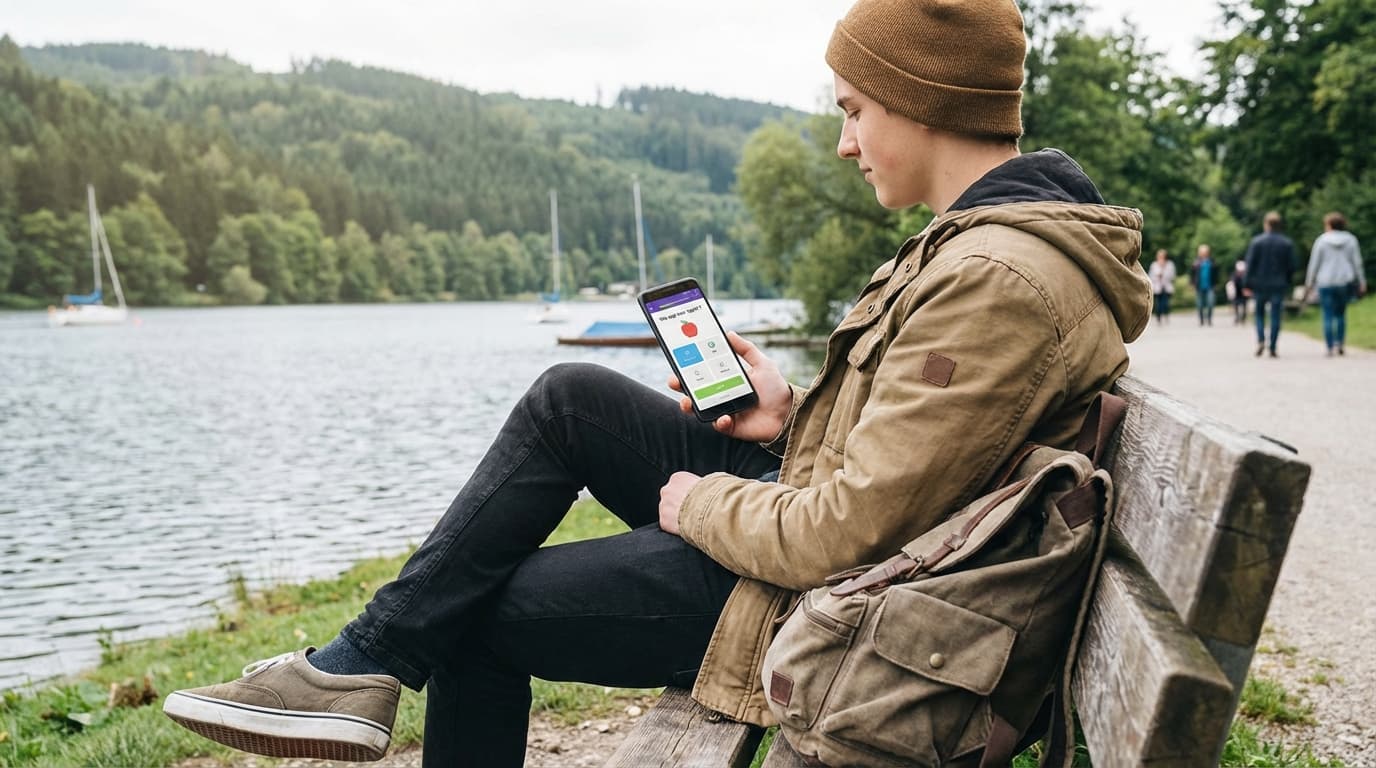 Junger Mann lernt am Smartphone für den Angelschein – am See sitzend